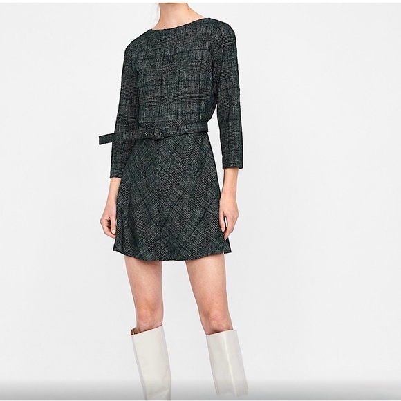 Zara Tweed Belted Fit & Flare Cropped Sleeve Mini Short Dress, Forest Green, Med - Picture 3 of 15